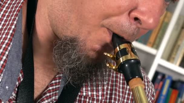 Male Musician Playing Saxophone Close — Stock Video