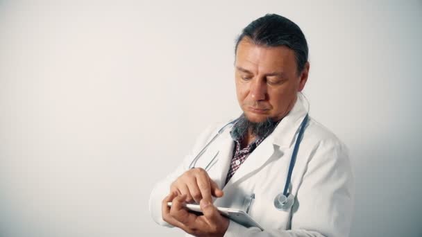 Cheerful Physician Holding Digital Tablet Looking Camera — Stock Video