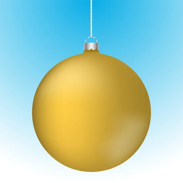 Beyaz zincire asılı gerçekçi 3d altın Noel top dekorasyon. Mavi beyaz degrade zemin üzerine düşünceler bezemeli sarı top yuvarlak.