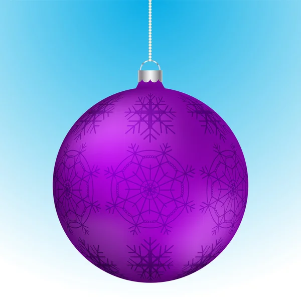 Gerçekçi 3d mor Noel top beyaz yansımaları ve yüzey üzerinde beyaz yuvarlak zincir asılı üzerinde soyut kar tanesi desen ile. Menekşe Noel dekorasyonu asılı kar taneleri ile yuvarlak..