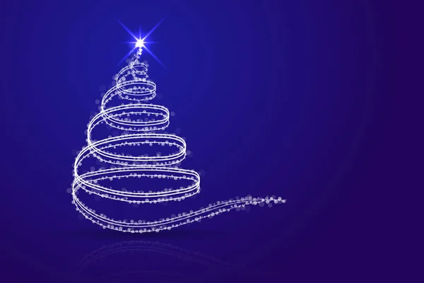 Soyut Noel ağacı mavi arka plan. Beyaz Noel ağacı satırlarından, pırıltılar, noktalar ve gölge ve yansıma ile mavi degrade zemin üzerinde saydam daireler. 