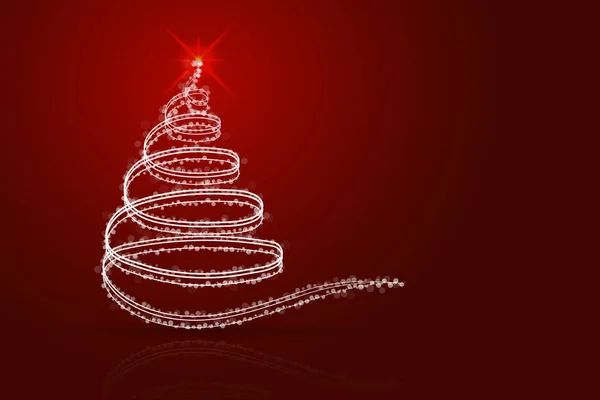Soyut Noel ağacı kırmızı arka plan. Beyaz Noel ağacı satırlarından, pırıltılar, noktalar ve gölge ve yansıma ile kırmızı degrade zemin üzerinde saydam daireler. 