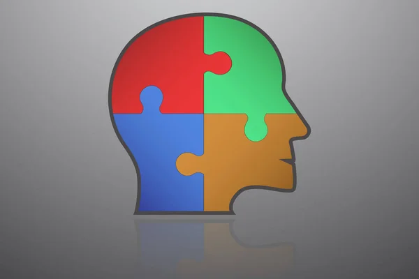 İş Infographic öğesi. Kafa şekli düz renk puzzle parçaları içinde simgesiyle. Jigsaw insan kafası şeklinde kendi yansıması ile kalın kontur ile bağlı.