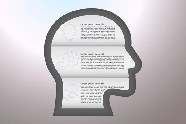 3 adımda iş infographics ile gri degrade yüzeye kabartmalı kafa şekli gölgelerde ile origami tarzı simgeleri anahat. Üç adım şekli zaman çizelgesi Infographic baş. 