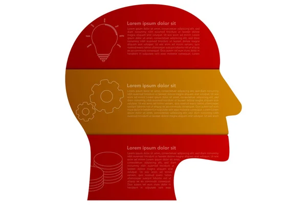 Infografice de afaceri în formă de cap cu 3 pași în stil origami în culori roșu și portocaliu sau auriu. Trei pași cronologie infografică izolată pe fundal alb cu pictograme contur . — Vector de stoc