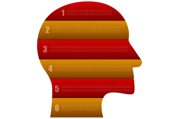 Infografías de negocio en forma de cabeza con 6 pasos en estilo origami en colores rojo y naranja u oro. Infografía de seis pasos aislada sobre fondo blanco . — Archivo Imágenes Vectoriales
