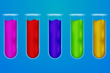 Renkli sıvı ile beş şeffaf cam kimyasal tüplerin mavi degrade arka plan ayarla. renkli kan ve yansımaları ile 5 kimyasal cam kaplar.