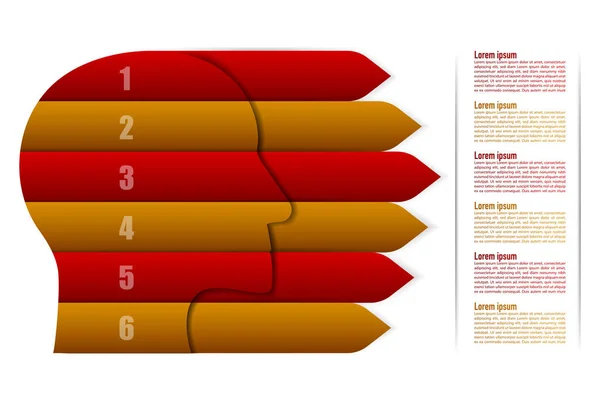 Six étapes infographie chronologique en forme de tête avec des flèches et du texte. Flèches rouges et orange dans le diagramme d'affaires en forme de tête avec un exemple de texte . — Image vectorielle