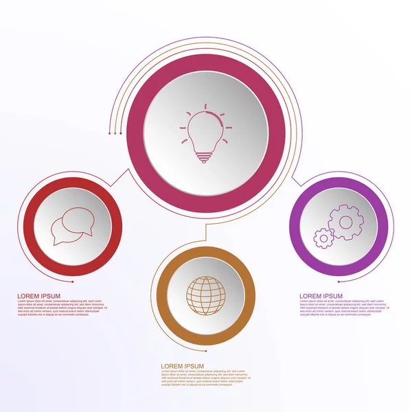 Infographie d'entreprise en trois étapes avec icônes de contour reliées par des lignes. Conception de cercle chronologique coloré . — Image vectorielle