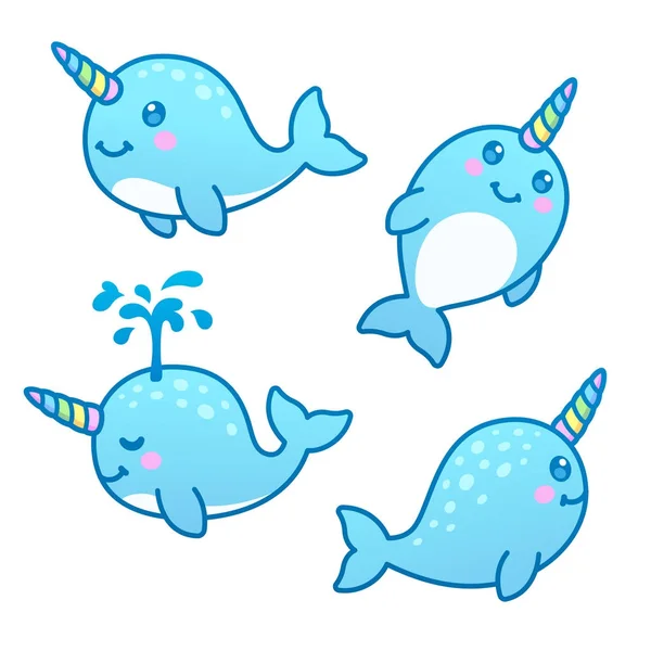 Cute cartoon narwhals set — Stock Vector