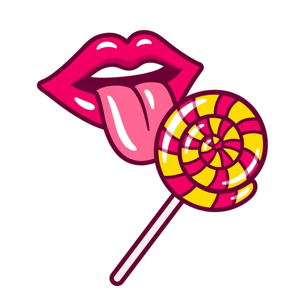 Kvinnliga läppar slicka lollipop — Stock vektor