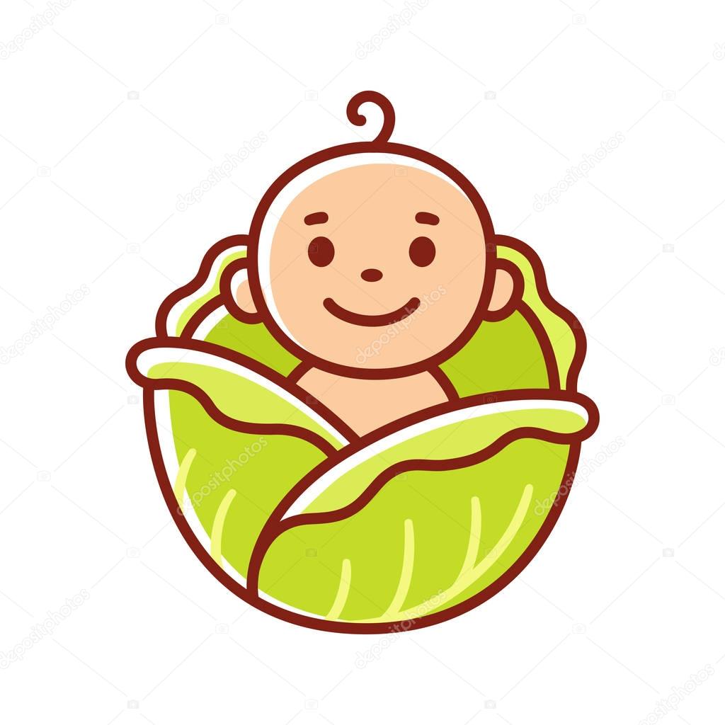 Cute cartoon baby found in cabbage patch. Funny explanation where babies come from. Vector clip art illustration.