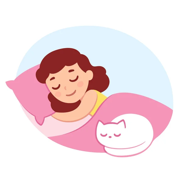 Durmiendo chica con gato — Vector de stock