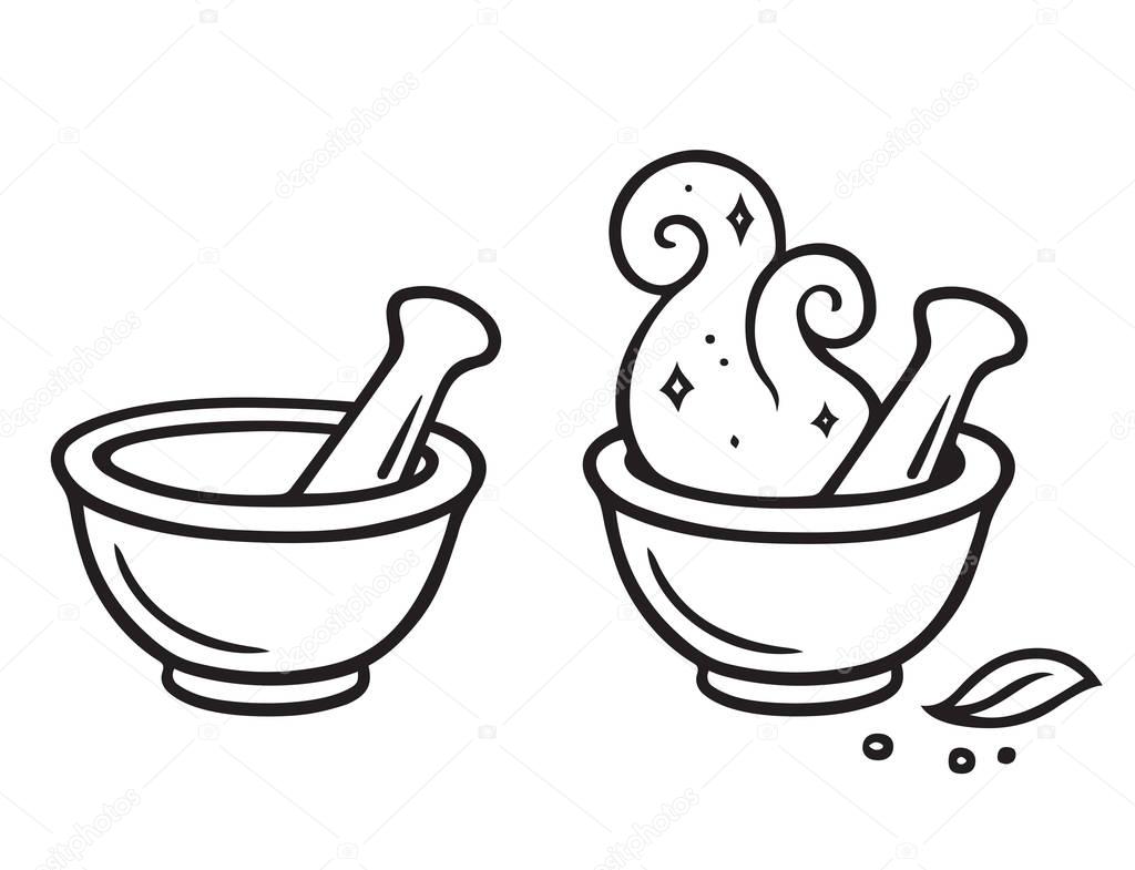Cartoon mortar and pestle, magic potion making line art drawing. Vector illustration.
