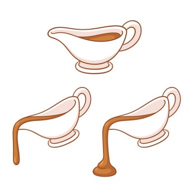 Gravy boat drawing set. Sauce dish pouring hot meat gravy, traditional holiday dinner element. Isolated on white. clipart