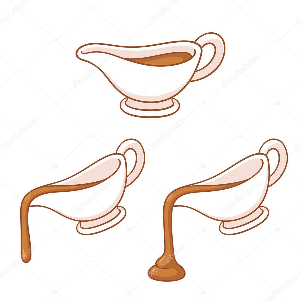 Gravy boat drawing set. Sauce dish pouring hot meat gravy, traditional holiday dinner element. Isolated on white.
