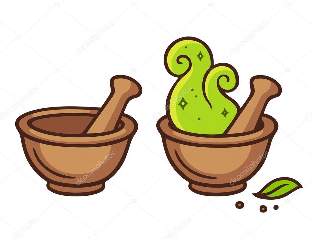 Cartoon mortar and pestle, fantasy potion making with magic. Isolated on white.