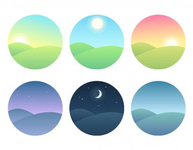 Doğa manzara günün farklı saatlerinde beyaz arka plan üzerinde ayarlayın.