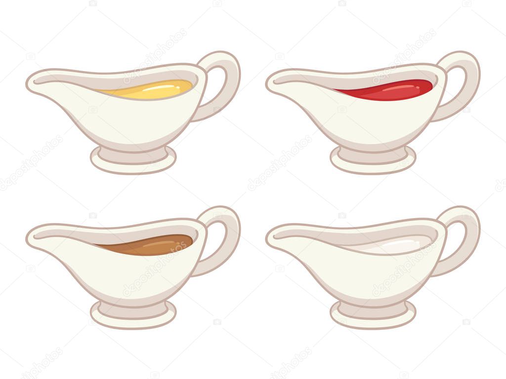 Sauce bowls set with different condiments and dips on white background