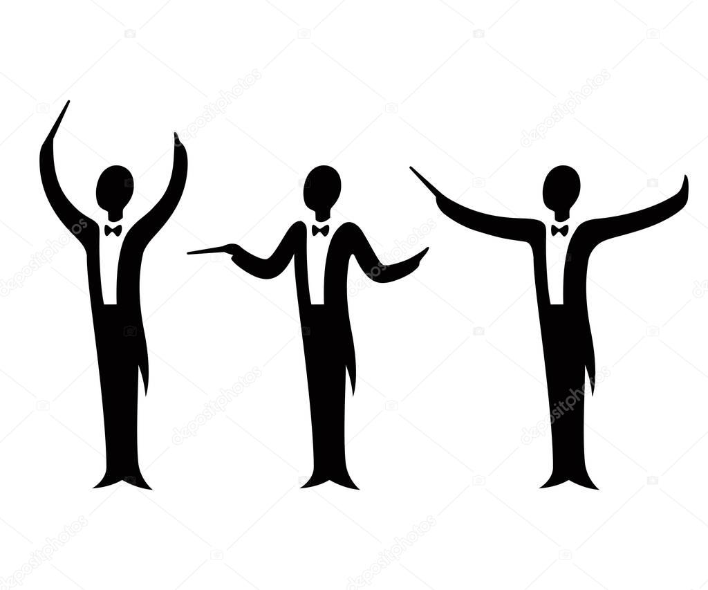 Music orchestra conductor vector illustration set. Stylized silhouette in tuxedo suit with different arm gestures.