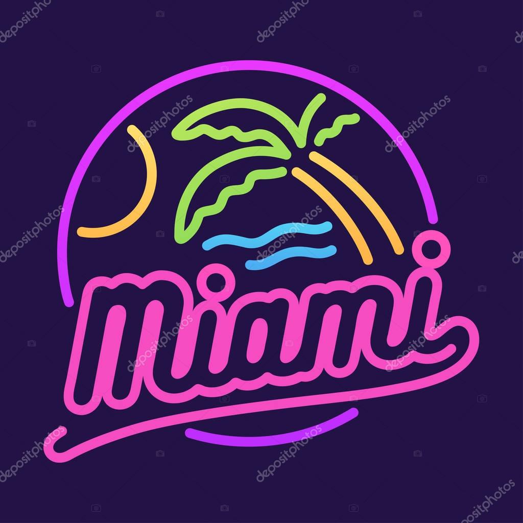 Retro neon sign, Miami beach and palm tree. 80s style vector illustration.