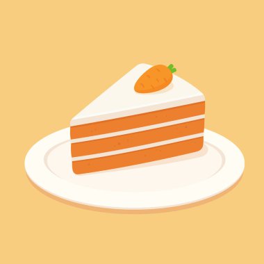 Havuç kek krem peynir frosting ve badem ezmesi havuç dekorasyonu ile dilim. Düz vektör klip sanat tasarlamak.