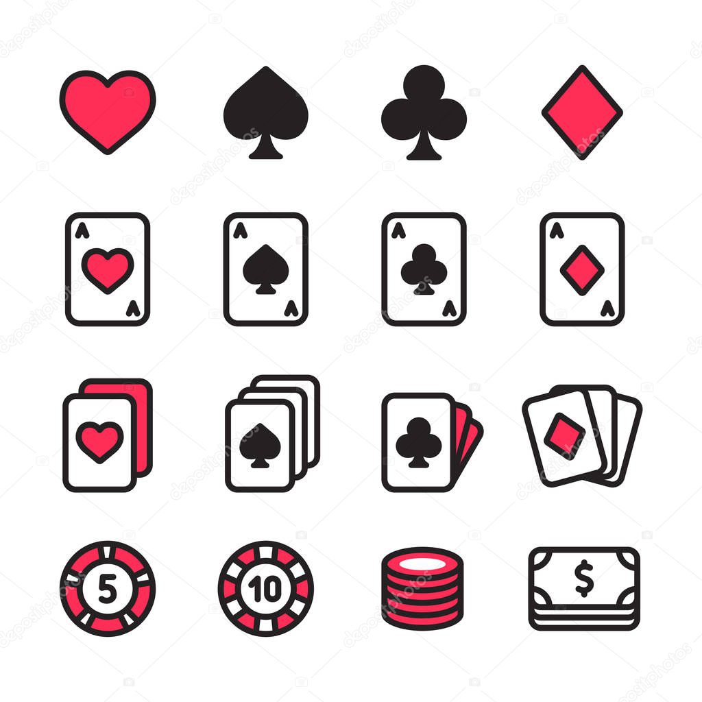 Texas Hold 'em Poker icon set. Playing card symbols and chips in modern simple style. Isolated vector illustration.