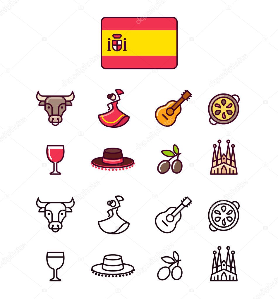 Spain icons set. Traditional Spanish signs and symbols. 2 styles, colored cartoon line icons and black outlines.