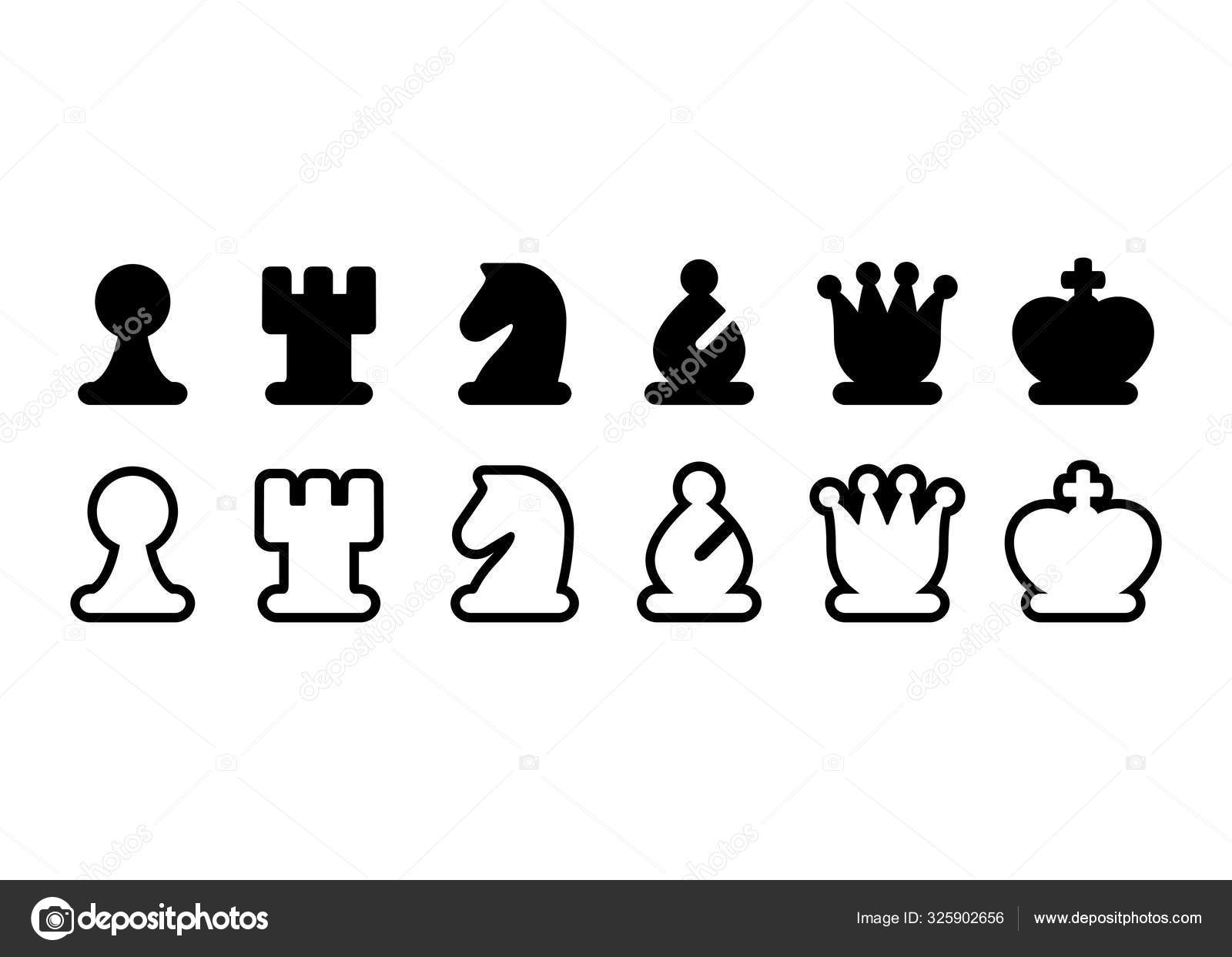 Cartoon black and white chess pieces icons. Flat chessmen, queen