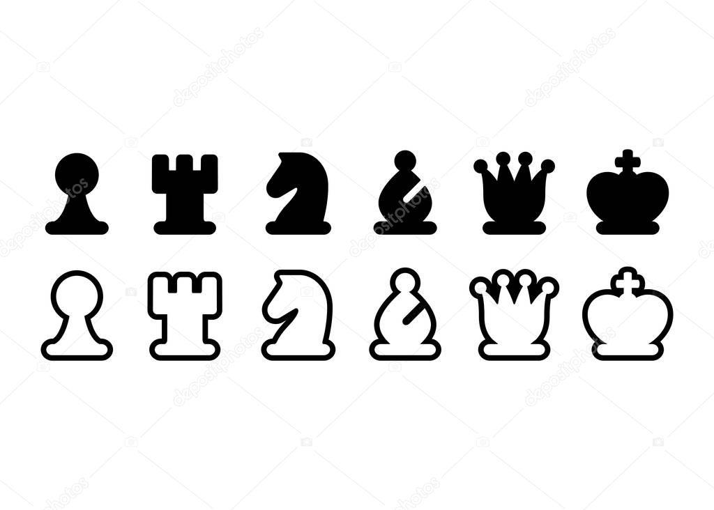 Chess pieces icon set, black and white chess figures. Simple stylized symbols, isolated vector illustration.