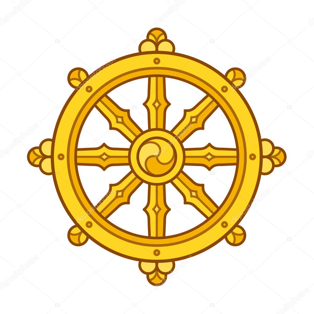 Dharmachakra (Dharma Wheel) symbol in Buddhism. Golden wheel sign art. Isolated vector illustration.