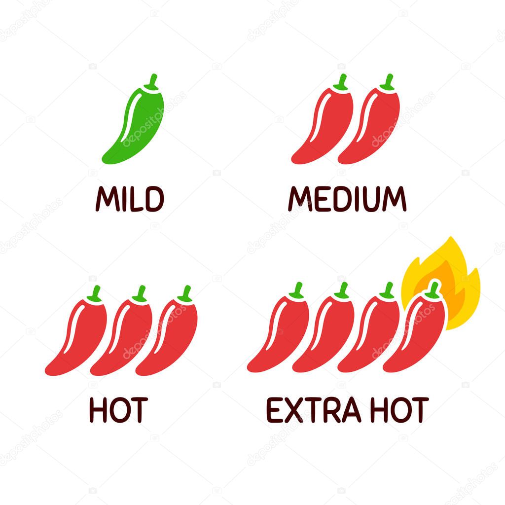 Hot chili peppers icon set. Level of spicy from mild to extra hot with fire flame. Simple and cute cartoon vector clip art illustration.