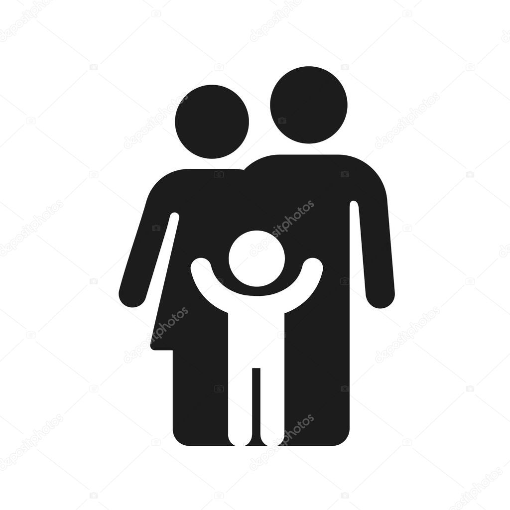 Simple figure family icon, parents and child. Father, mother and kid silhouette. Minimal geometric black and white symbol or logo. Isolated vector illustration.