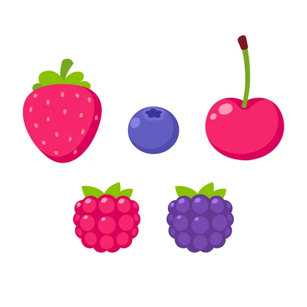 简单的卡通画 图标集 覆盆子 樱桃和黑莓 夏果分离载体剪贴画 — 图库矢量图片