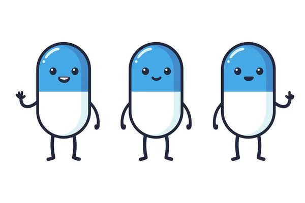 Jeu Caractères Dessin Animé Mignon Mascotte Pharmacie Pilule Médecine Pilule — Image vectorielle