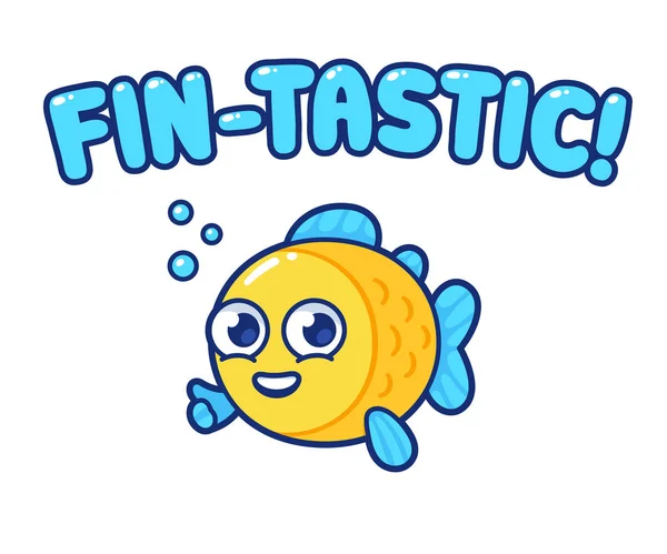 Carino Pesce Cartone Animato Con Testo Fin Tastic Divertente Pesce — Vettoriale Stock