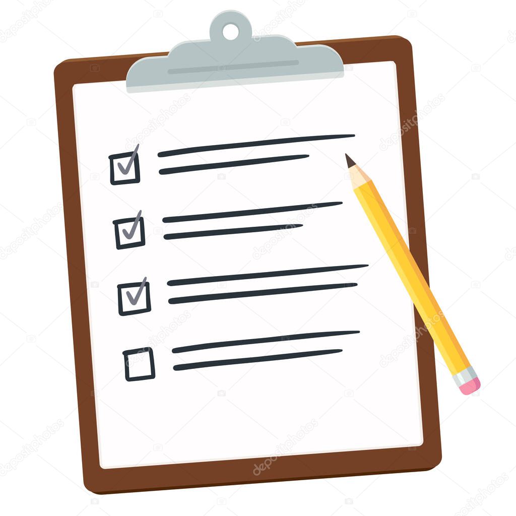 Clipboard with checklist and pencil. To-do list or task assessment with tick marks. Isolated clip art illustration. in simple flat vector style.