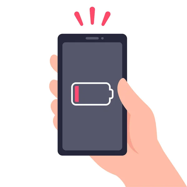 Hand Holding Smartphone Low Battery Energy Level Dying Phone Need — Stock Vector