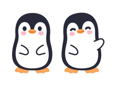Ayakta duran ve el sallayan sevimli penguen karakteri. Kawaii küçük penguen illüstrasyon seti, izole vektör klipsi sanatı.
