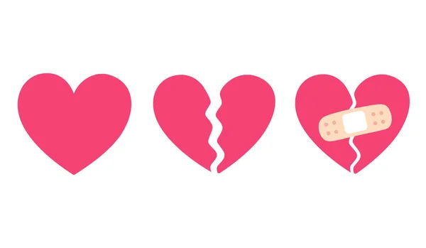 Cartoon Heart Set Broken Heart Crack Fixed Bandage Breakup Heartbreak — Stock Vector