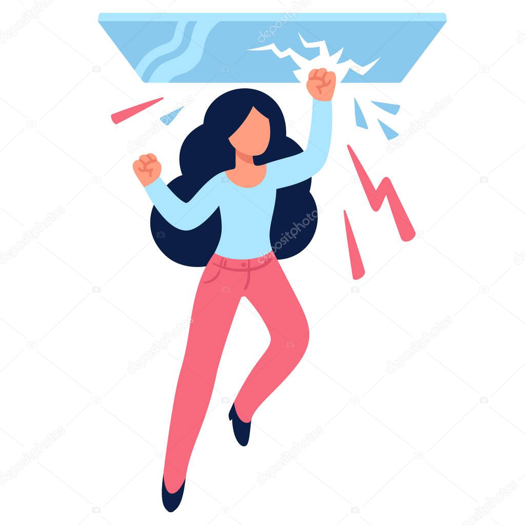 Cartoon woman drawing breaking glass ceiling. Sexism issues in work culture. Simple flat vector style illustration.