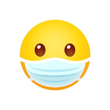 Yüz maskeli sarı emoji. Hastalıkların korunması ve hastalıkların önlenmesi, çizgi film ifadeleri. İzole edilmiş vektör klibi sanat illüstrasyonu.