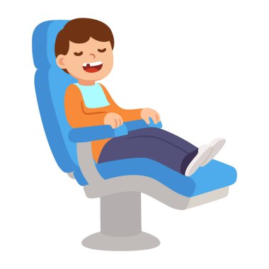 Ağzı açık, kayıp ya da kırık dişleriyle dişçi koltuğunda oturan sevimli çizgi film çocuğu. Dişçiye giden komik çocuklar, izole edilmiş resim çizimleri..