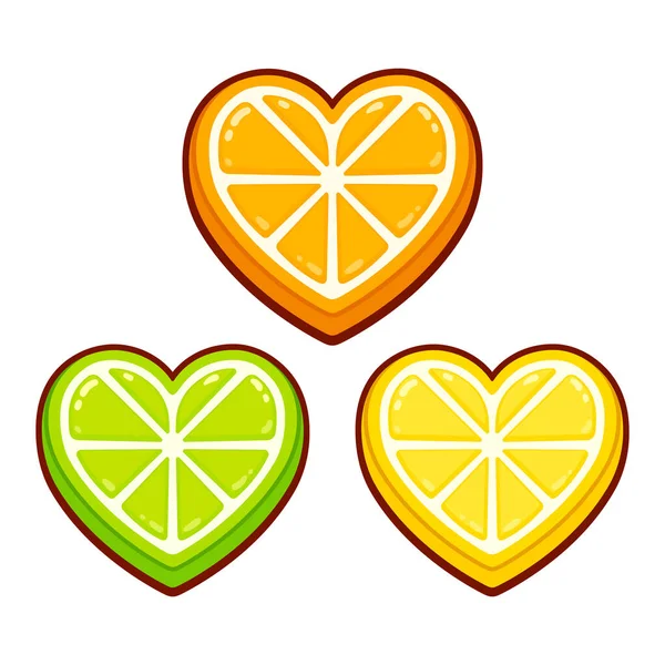 卡通人物柑橘类水果 柠檬和石灰色 可爱的水果爱情符号 矢量图解 — 图库矢量图片