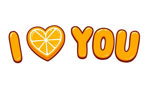 ハート型のオレンジ色のハーフドローイングで漫画のテキストが大好きです かわいいバレンタインデーグリーティングカード — ストックベクタ