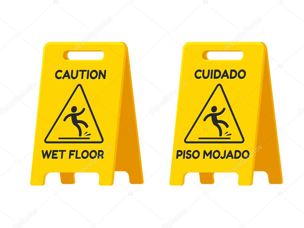 Caution Wet Floor and Cuidado Piso Mojado warning sign in English and Spanish. Traditional yellow board, cleaning equipment. Isolated vector clip art illustration.