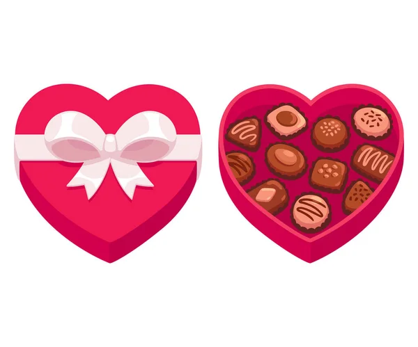 Κουτί Σοκολατάκια Σχήμα Καρδιάς Φιόγκο Ανοιχτό Και Κλειστό Μεμονωμένη Διανυσματική — Διανυσματικό Αρχείο