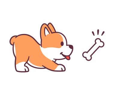 Kemik ikramlı komik bir çizgi film köpeği. Şirin Corgi yavrusu şakacı poz vermiş. İzole edilmiş vektör klibi sanat illüstrasyonu.