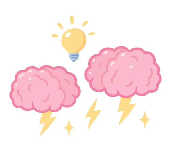 Brainstorm Drawing Two Brains Storm Lightning Lightbulb Group Brainstorming Creative — Stock Vector