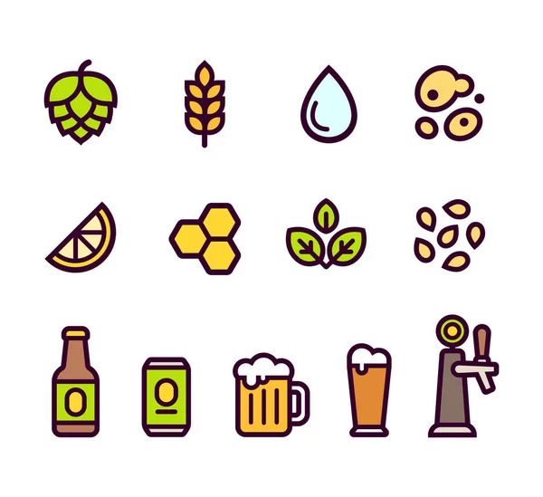 Beer Icon Set Beer Brewing Ingredients Flavorings Serving Glasses Containers — Stock Vector